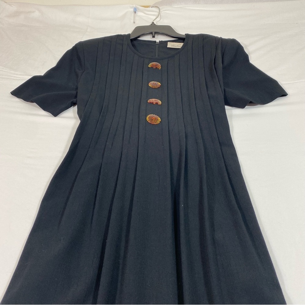 Vintage Kathie Lee Maxi Dress Black Pleated Bodice Decorative Animal Buttons - Picture 4 of 15